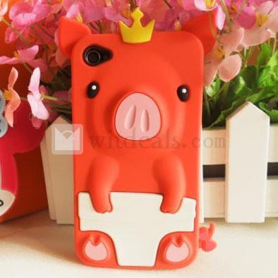 豚【送料無料】Apple iPhone 4／4S対応3D携帯電話保護ケース/カバー 橙赤色（レッド）