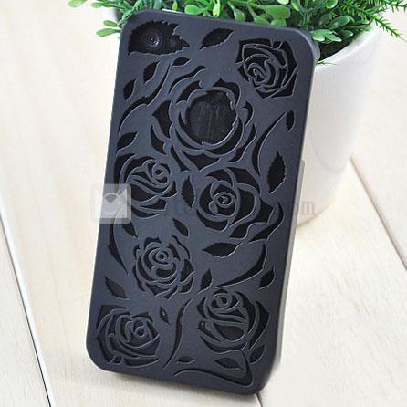 iPhone 4／4S花柄の透かし彫りケース/カバー【送料無料】 エコPVC ブラック