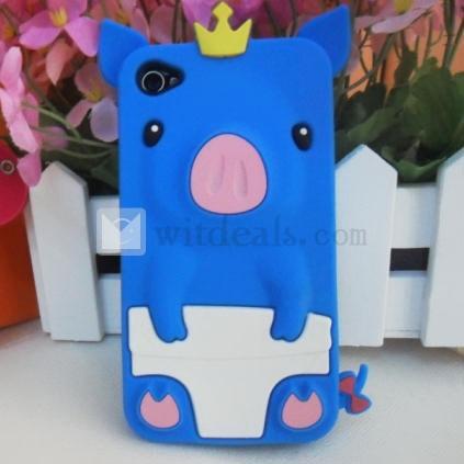 【送料無料】豚 Apple iPhone 4／4S通用3Dシリコン保護ケース/カバー ブルー