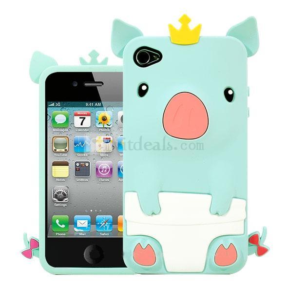 【送料無料】豚Apple iPhone 4／4S対応3D携帯保護ケース/カバー シリコンケース/カバー　ライトブルー