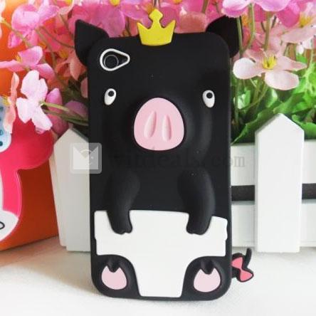 豚 Apple iPhone 4／4S 3Dシリコン保護ケース/カバー ブラック