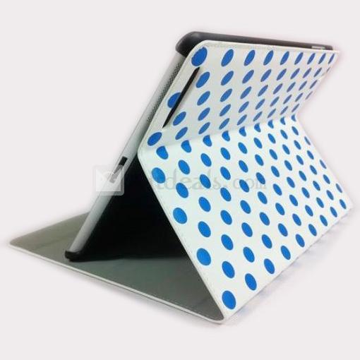 PU　三段階・多角度　iPad2水玉レザーケース・カバー　ホワイト×ブルードット