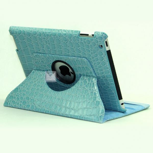 左右両側にめくる式 折り畳み式 回転機能付き iPad2／3ワニ紋ケース・カバー　ブルー