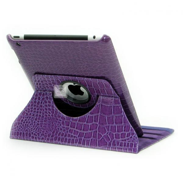 iPad2／3ワニ紋ケース・カバー【送料無料】折り畳み式 回転機能付き 左右両側にめくる式　紫