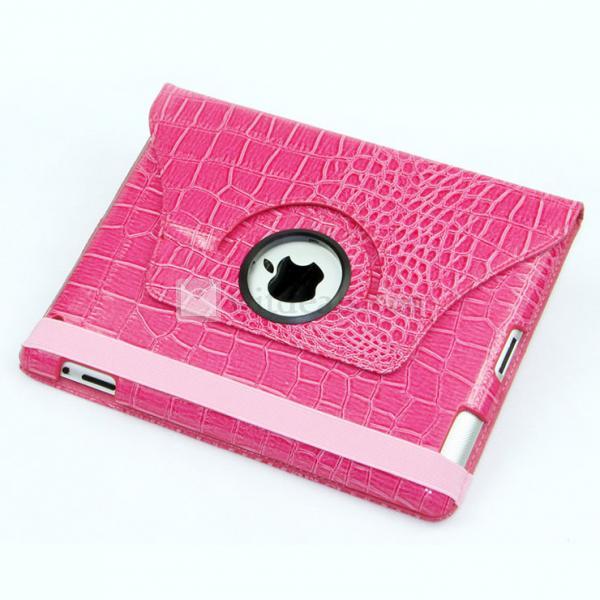 iPad2／3ワニ紋ケース・カバー　折り畳み式 左右両側にめくる式 回転機能付き　ローズレッド