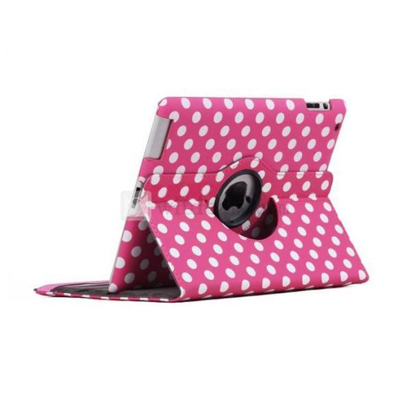 PU スリープ機能 回転機能 iPad2／3水玉回転レザーケース・カバー　ローズレッドドット