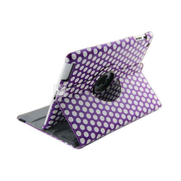 iPad2／3水玉回転レザーケース・カバー　PU【送料無料】回転機能 スリープ機能 紫レッドドット