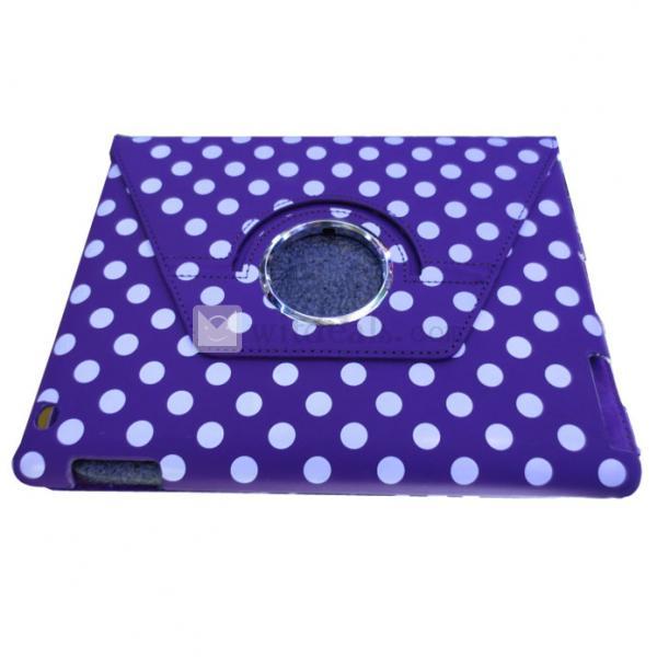 iPad2／3水玉回転レザーケース・カバー【送料無料】回転機能 PU スリープ機能 紫ドット
