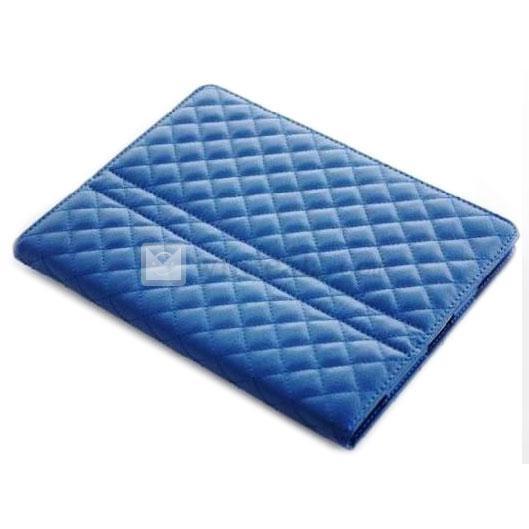 可愛い超薄型 スタンド部品付き【送料無料】オートスリープ機能付き iPad2／3用格子紋レザーケース・カバー　ブルー