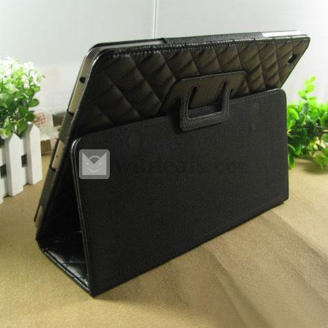 スタンド部品付き オートスリープ機能付き 可愛い超薄型 iPad2／3用格子紋レザーケース・カバー　ブラック