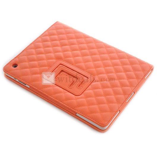 スタンド部品付き 可愛い超薄型 オートスリープ機能付き【送料無料】iPad2／3用格子紋レザーケース・カバー　オレンジ
