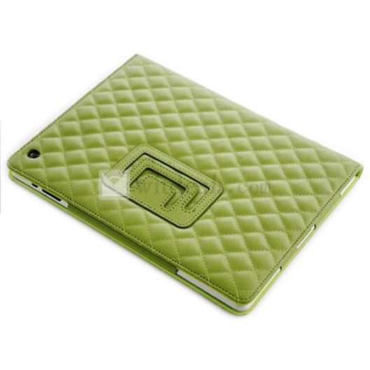 iPad2／3用格子紋レザーケース・カバー オートスリープ機能付き 可愛い超薄型 スタンド部品付き　グリーン