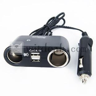 2ポート自動車バスパワー／シガーソケット2連　USB付き　ライト付き12V ブラック
