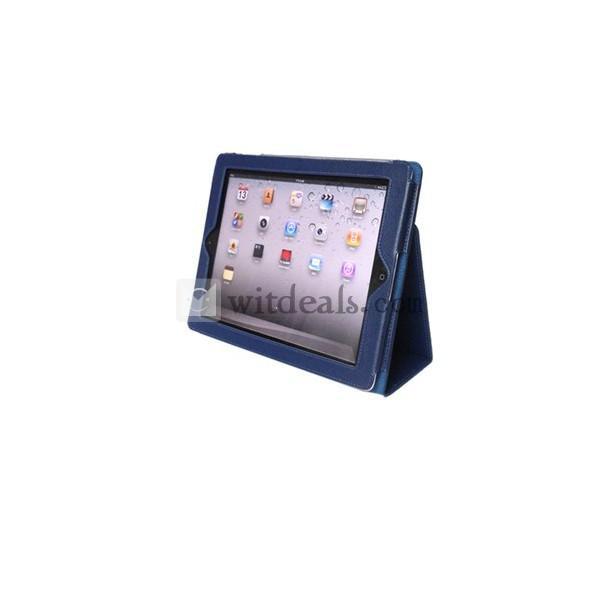 折り畳み式　PU　iPad2／3レイシ紋レザーケース・カバー　ブルー