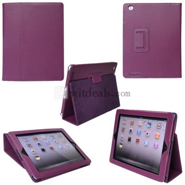 iPad2／3レイシ紋レザーケース・カバー　PU　折り畳み式　紫
