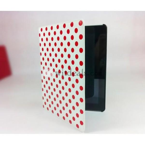 PU　三段階・多角度【送料無料】iPad2水玉レザーケース・カバー　ホワイト×レッドドット