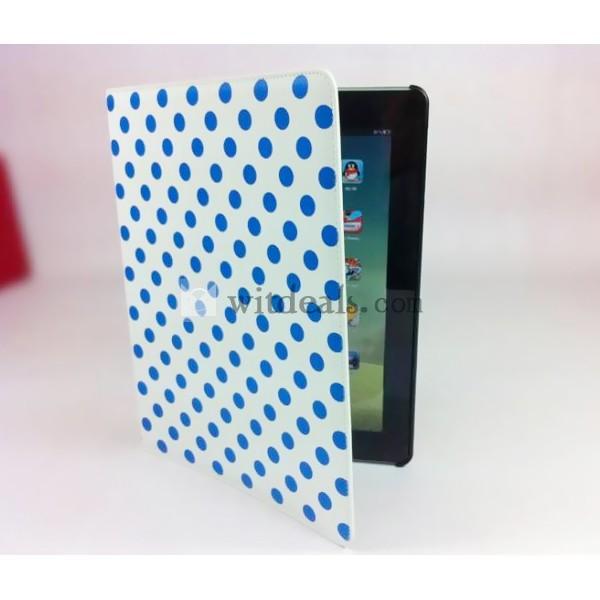 PU　三段階・多角度　iPad2水玉レザーケース・カバー　ホワイト×ブルードット