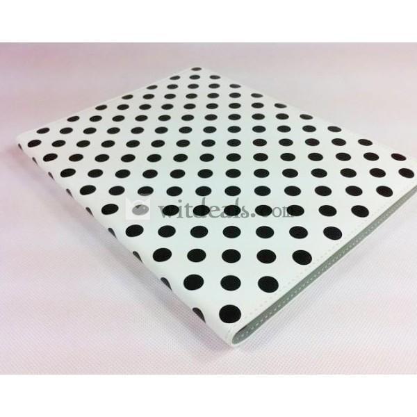 三段階・多角度　PU　iPad2水玉レザーケース・カバー　ホワイト×ブラックドット