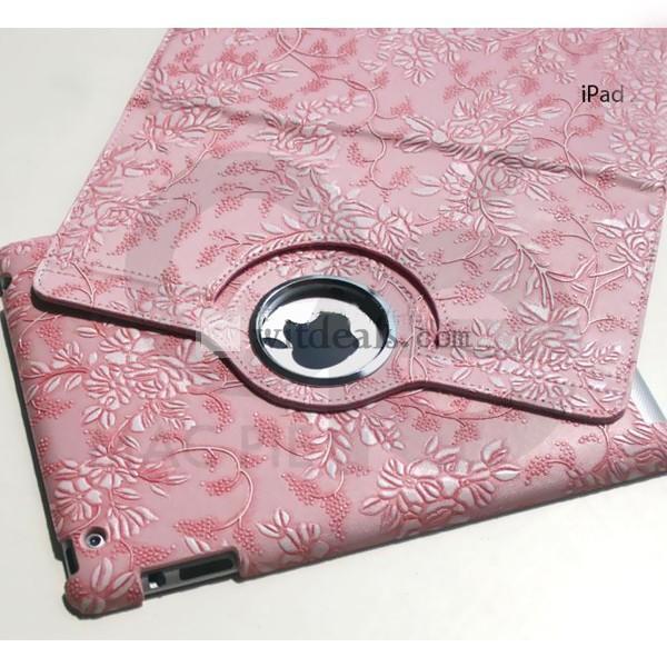 回転機能付き【送料無料】皮革 iPad2／3花の藤柄レザーケース・カバー　ピンク
