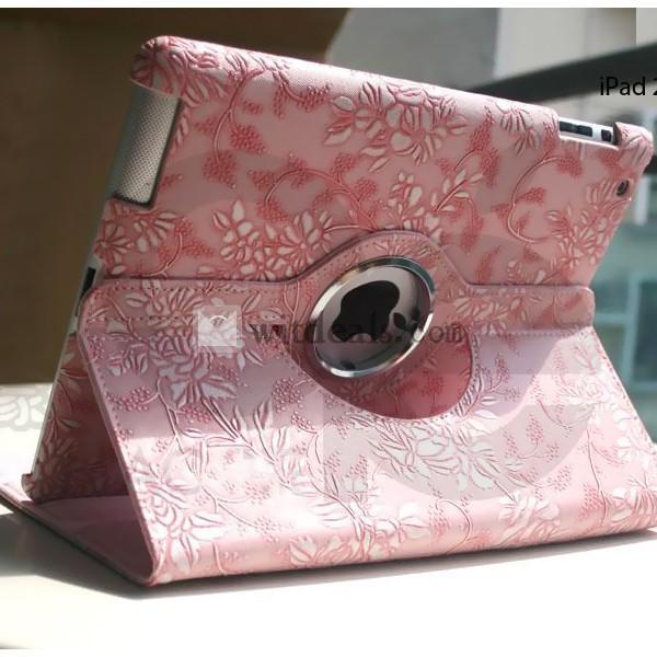 回転機能付き【送料無料】皮革 iPad2／3花の藤柄レザーケース・カバー　ピンク