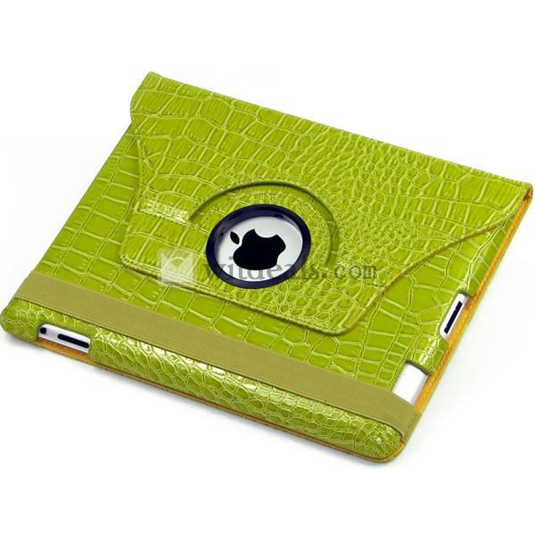 左右両側にめくる式 折り畳み式 【送料無料】 回転機能付き iPad2／3ワニ紋ケース・カバー　グリーン