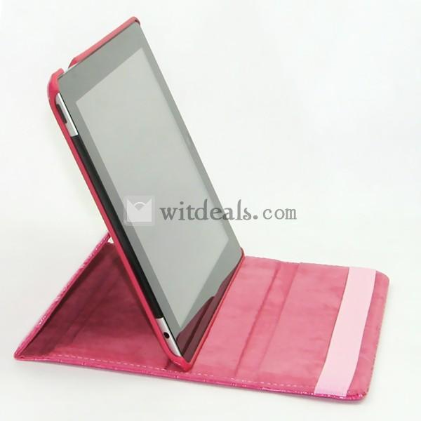 iPad2／3ワニ紋ケース・カバー　折り畳み式 左右両側にめくる式 回転機能付き　ローズレッド