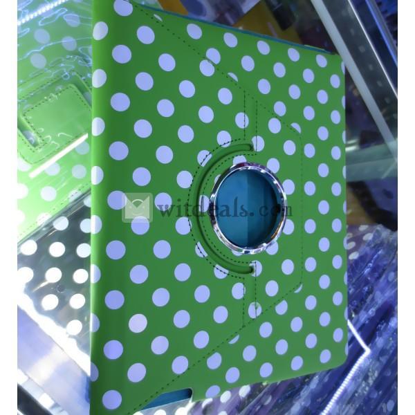 iPad2／3水玉回転レザーケース・カバー【送料無料】PU スリープ機能 回転機能 グリーンドット