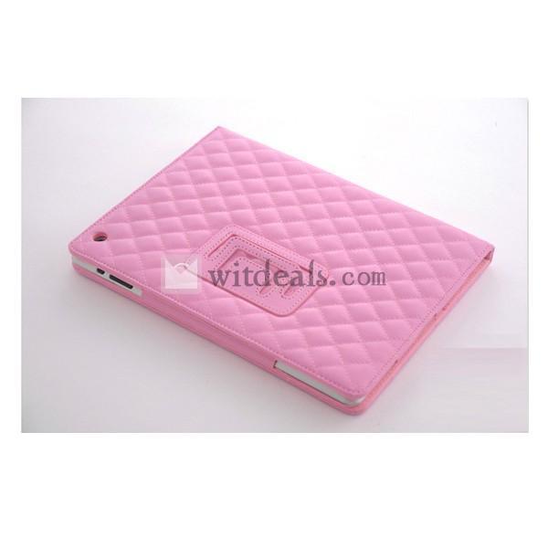 可愛い超薄型 オートスリープ機能付き スタンド部品付き iPad2／3用格子紋レザーケース・カバー　ピンク
