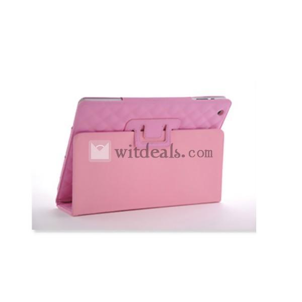 可愛い超薄型 オートスリープ機能付き スタンド部品付き iPad2／3用格子紋レザーケース・カバー　ピンク