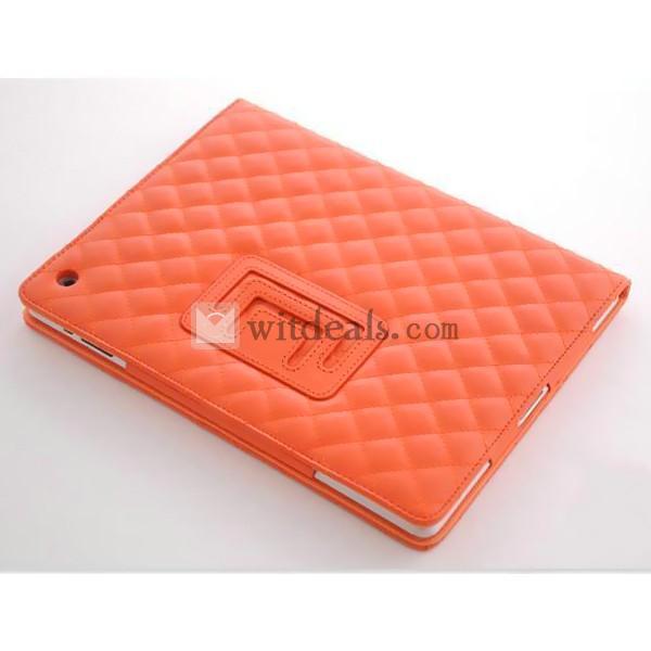 スタンド部品付き 可愛い超薄型 オートスリープ機能付き【送料無料】iPad2／3用格子紋レザーケース・カバー　オレンジ