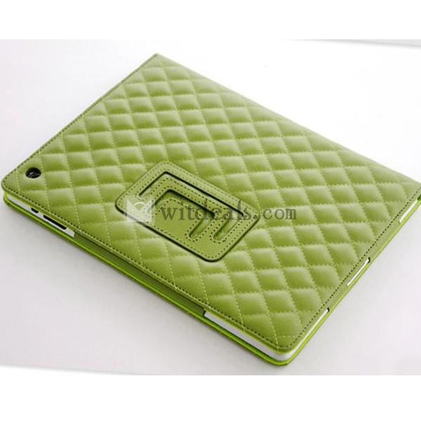 iPad2／3用格子紋レザーケース・カバー オートスリープ機能付き 可愛い超薄型 スタンド部品付き　グリーン
