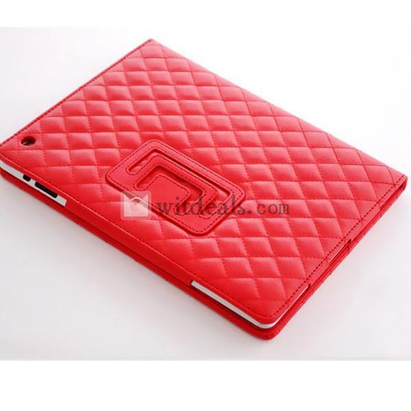 iPad2／3用格子紋レザーケース・カバー 可愛い超薄型【送料無料】オートスリープ機能付き スタンド部品付き　レッド