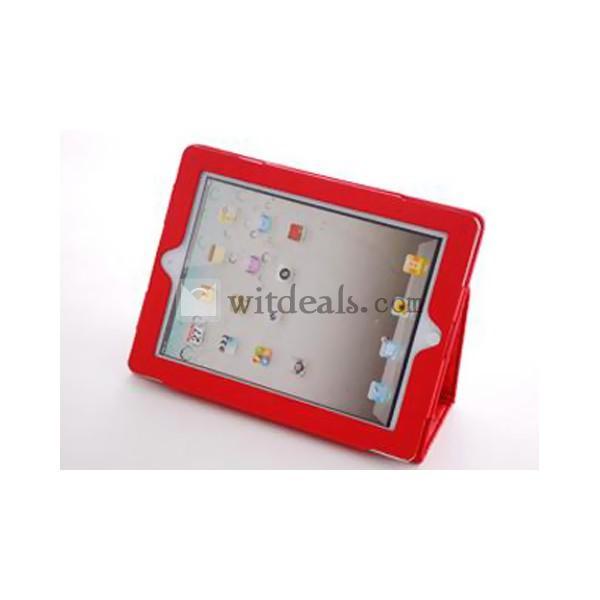 iPad2／3用格子紋レザーケース・カバー 可愛い超薄型【送料無料】オートスリープ機能付き スタンド部品付き　レッド