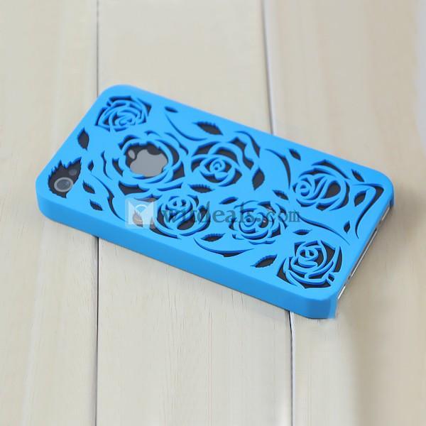 iPhone 4／4S花柄の透かし彫りケース/カバー エコPVC 【送料無料】 ブルー