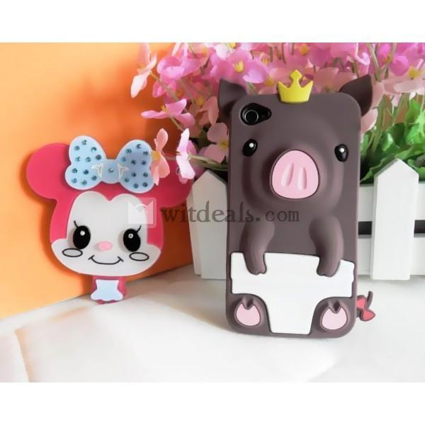 豚 Apple iPhone 4／4S対応3Dシリコン保護ケース/カバー ブラウン