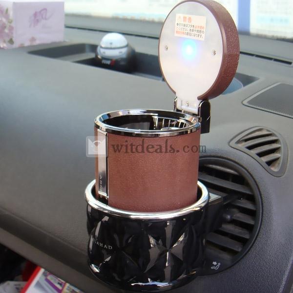 自動車用　アッシュグリーン 灰皿／缶灰皿　ソーラー電源LED照明付