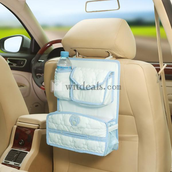 車内用　格子シリーズ　収納ボックス／小物トレー／小物入れ　純綿製　ブルー