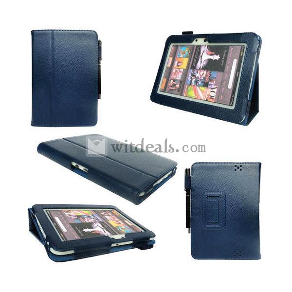 ライチ皮紋 PU革　Amazon Kindle Fire HD 保護カバー／ケース　ディープブルー