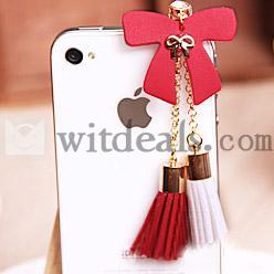 房状の装飾　革製　iphone5イヤホンジャックカバー　リボン付　レッド