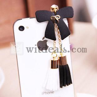 リボン付　iphone5イヤホンジャックカバー　房状の装飾　革製　ブラック