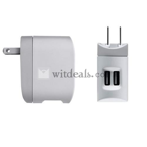 2つUSBポート回転可能　iPod／iPhone５など対応　USBプラグ充電器　ホワイト