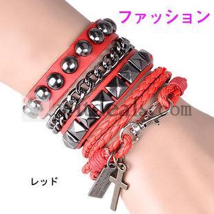 パンクレザーブレスレット／レット　男女兼用　レッドペア