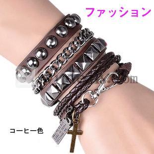パンクレザーブレスレット／レット　ファッション　コーヒー色ペア