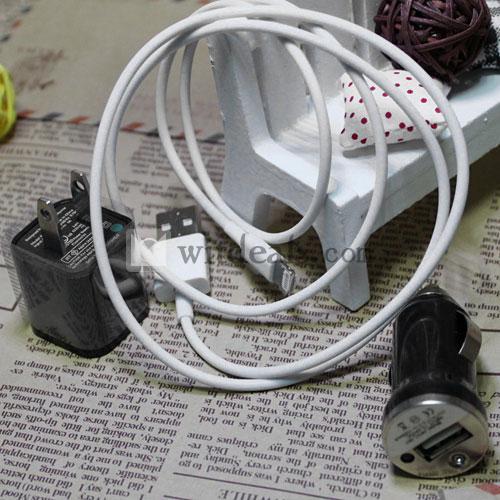 カラーUSB付きiPhone5車載充電器＆充電アダプタ＆iPhone5Lightingケーブル3件セット　ブラック