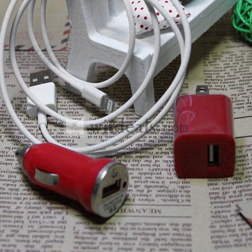 iPhone5ケーブル＆充電アダプタ＆車載充電器／カーチャージャー3個セット　レッド