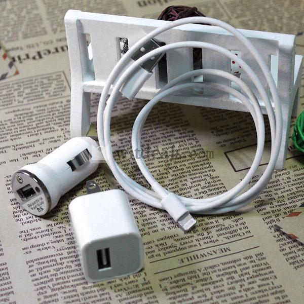 USB付きiPhone5車載充電器＆充電アダプタ＆iPhone5Lightingケーブル3件セット　ホワイト