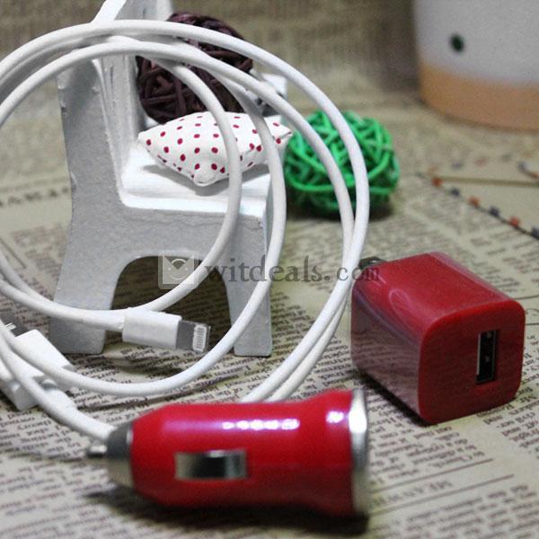 iPhone5ケーブル＆充電アダプタ＆車載充電器／カーチャージャー3個セット　レッド