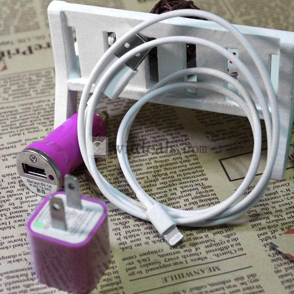 iPhone5車載充電器＆充電アダプタ＆iPhone5Lightingケーブル3件セット　ローズレッド