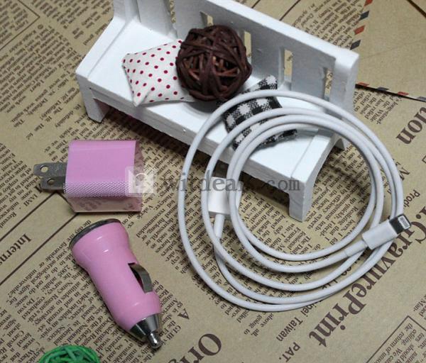 iPhone5充電アダプタ＆車載充電器＆iPhone5ケーブル3件セット　ピンク