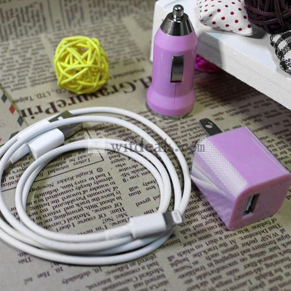 iPhone5充電アダプタ＆車載充電器＆iPhone5ケーブル3件セット　ピンク